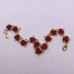 Red Rose Gold Tone Bracelet Links Lobster Clasp 7" Stamped Designer Logo